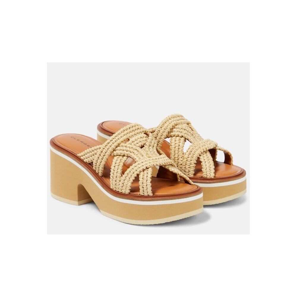 Clergerie Chermy Raffia Platform Mules Beige Natural Size 36